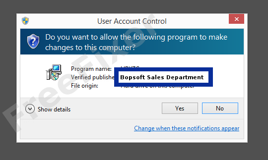 Screenshot where Bopsoft Sales Department appears as the verified publisher in the UAC dialog